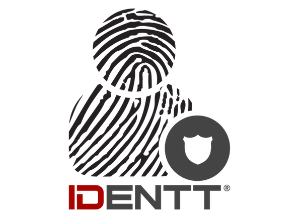 Logo IDENTT - odcisk palca z tarczą ochronną, symbol weryfikacji tożsamości i bezpieczeństwa