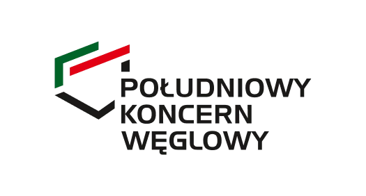 Logo Południowego Koncernu Węglowego z zielonym, czerwonym i czarnym geometrycznym symbolem